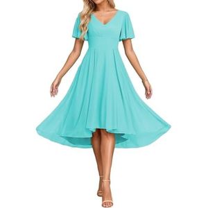 Korte Mouw Bruidsmeisje Jurken voor Bruiloft Hoge Lage Chiffon Formele Avond Party Maxi Gown Thee Lengte AH156, Turkoois, 32