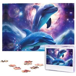 Galaxy Dolphins Puzzels, 1000 stukjes, gepersonaliseerde legpuzzels, houten fotopuzzel voor volwassenen, familie, foto, puzzelgeschenken voor bruiloft, verjaardag, Valentijnsdaggeschenken (74,9 x 50