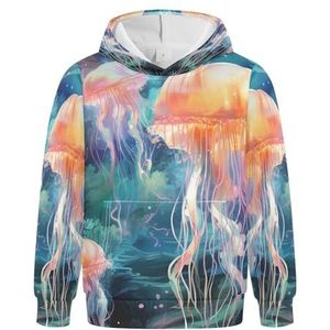 KAAVIYO Quallen Aquarel Luxe Sweatshirt met Capuchon Atletisch, Schattig, 3D-Print voor Meisjes en Jongens, Patroon, L