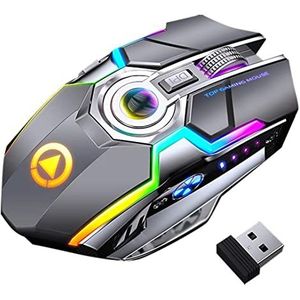 Stille draadloze gamingmuis, 2,4 GHz met USB-ontvanger, 1600 DPI 3 instelniveaus, oplaadbare RGB-achtergrondverlichte muis compatibel met pc, laptop (grijs)