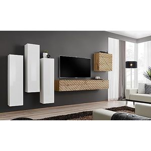 Deconation Set van 5 wandmeubels Switch III voor houten tv - wit en beige - L 330 x H 160 x D 40 cm