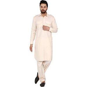SKAVIJ Kurta Pyjama - Indiase Etnische Feestjurk - Pak voor Heren Beige S