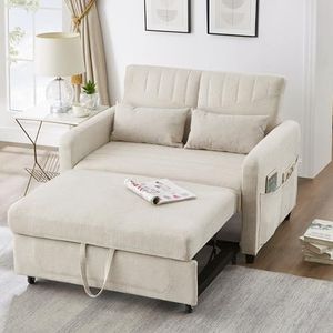 Tweezitsbank met slaapfunctie, uittrekbaar design, eenvoudig en modern, eigentijdse stijl, in drie standen verstelbare rugleuning, ademende katoen-linnen stof (antiek beige)