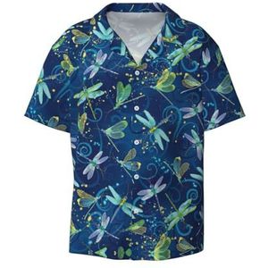 OdDdot Blauwe Dragonfly Print Heren Jurk Shirts Atletische Slim Fit Korte Mouw Casual Business Button Down Shirt, Zwart, S