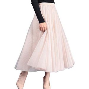 Feoya tule rok, A-lijn, elastische hoge tailleband, midirok, gaasstof, grote zoom, lange rok, elegante onderrok, beige, One Size