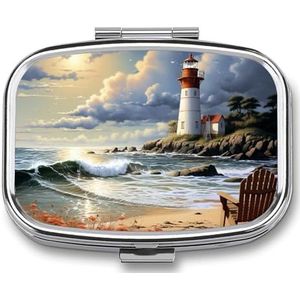 Sea Lighthouse zandstrand pillenetui met 2 compartimenten, pillenorganizer, draagbare vierkante pillendoos, vitaminepillenorganizer voor zakportemonnee en reizen