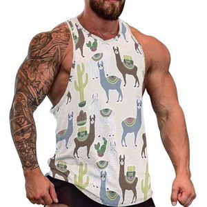 Sweet Llama Or Alpaca And Cactus Tanktop voor heren, grafische mouwloze bodybuilding T-shirts, casual strand, T-shirt, grappige sportschoolspier