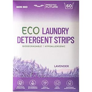 Proto Future Ecologische Wasmiddel Strips - (60 wasbeurten) Biologisch Afbreekbaar, Hypo-allergeen, Geen Verspilling, Plasticvrije Eco-Strips - Zonder Enzymen, Plantaardige Formule (Lavendel)