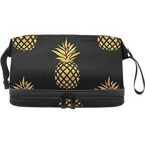 Dubbele Laag Cosmetische Tas Gouden Ananas Draagbare Make-up Tas Reizen Organizer Pouch Voor Vrouwen Meisjes Toiletries Tassen, Meerkleurig, 27x15x14 cm/10.6x5.9x5.5 in, Make-up zakje