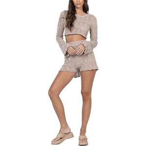 OHERUWKLS Dames Zomer Gestreepte Lange Mouw Gehaakte Bloemenprint Cropped Tops Shorts Sets,Khaki,L