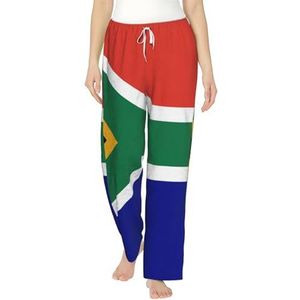 FMASWEQ Zuid-Afrikaanse vlag print kerst pyjama voor vrouwen, zachte fleece pyjamabroek, perfect om te loungen, Zwart, S
