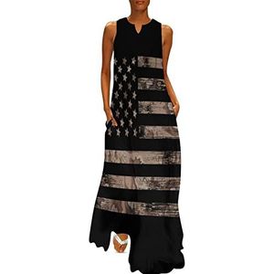 Amerikaanse vlag woestijn camouflage dames enkellengte jurk slim fit mouwloze maxi-jurk casual zonnejurk M