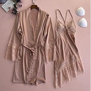 ROUZIHU Sexy Kant Bruiloft Robe Set Vrouw Kimono Badjurk Hollow Out Satijn Bruids Bathrock Nightgown Loose Intimate Lingerie(Oranje,L)