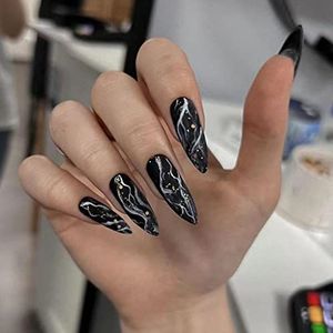 24 stuks bloemen stiletto nepnagels lange, groene Franse patronen, mooie amandel voor vrouwen, acryl extra lange kunstnagels lang voor nail art zwart & stiletto6