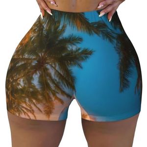 Zonsondergang Hawaiiaanse Palmboom Print Gym Korte Vrouwen Comfortabele Atletische Shorts Naadloze Yoga Running Wandelen Dagelijkse Dra, Zwart, S