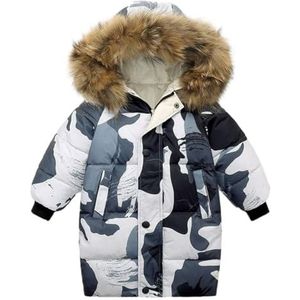 Lengender Jas voor kinderen, jongens, winter, donsjack met capuchon, jas, imitatiebont, parka, gevoerd, pluche, warm, Grijze camouflage, 110