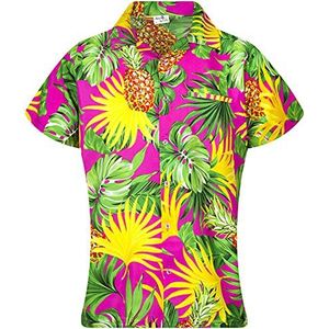 King Kameha Funky Hawaïblouse voor dames, korte mouwen, voorzak, Hawaii-print, ananas-bladeren, print, Pineapple Bladeren Roze, XXL