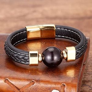 Dames armband, jongens armband Natuurlijke Ronde Houten Kraal Mannen Armbanden Zwart Gevlochten Lederen Touw Ketting Magnetische Sluiting Sieraden Armband Homme (Color : Style c, Size : 19cm)