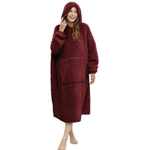 ililmmoe Unisex oversized draagbare deken hoodie voor vrouwen mannen, lange comfortabele sherpa-deken sweatshirt Ruige trui pluche warme gezellige deken één maat past iedereen - wijnrood