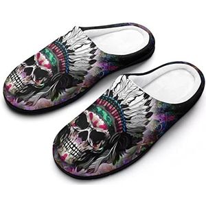 Indian Skull katoenen pantoffels voor dames, traagschuim, antislip, huisschoenen, binnen en buiten