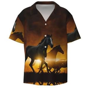 EdWal Zwarte Paarden Rode Gloeiende Wolken Print Heren Korte Mouw Button Down Shirts Casual Losse Fit Zomer Strand Shirts Heren Jurk Shirts, Zwart, XL