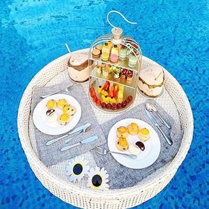 pallet， Ronde rotan serveerschaal, rotan drijvende ontbijtschaal met handgrepen, zwembad drijft(White,60 * 60 * 20cm)