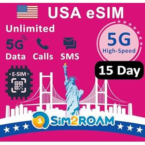 VS Prepaid eSIM-kaart|Onbeperkte 5G/4G-internetdata in de VS (inclusief Hawaï)+5 GB 5G/4G-data in Canada en Mexico|Onbeperkt bellen en sms'en tussen de VS, Canada en Mexico|Hervulbaar (15 dagen)