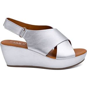 CIARA LONDON Dames Slip On Mid Heel Wedge Casual Zomer Sandalen, Haak & Lus, Slingback, Open Teen, Zilver, 41 EU