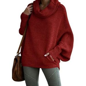 Dames Coltrui Met Vleermuismouwen, Oversized, Grof Gebreide Kabeltrui Met Losse Pasvorm(Red,XXL)