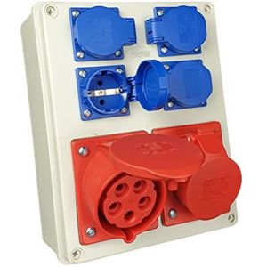 RoadEu - CEE Stroomverdeler - CEE 16A, 32A 5P contactdozen met 4x 230V Schuko. PCE contactdozen, IP44 bouwstroomverdeler voor fabrieken en werkplaatsen.