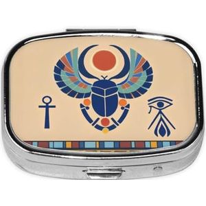 Vierkante pillendoos Egyptische Scarabee - 2 compartimenten geneeskunde pillenetui, waterdicht, zak pillenorganisator, draagbaar, voor zak of portemonnee pillendozen