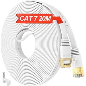 Ethernet Kabel 20m Cat 7, Buiten Binnen Netwerkkabel 20m Hoge Snelheid, Wit Plat RJ45 Internetkabel 600MHz 1Gbps, Lang S/FTP Gigabit LAN Kabel 20m CAT7 Patchkabel voor Router Switch Modem (20 Clips)