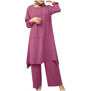 UPPJPBSW Muslim Vrouwen Plus Size Linnen Lounge Set - 2-Delige Outfit Losse Lange Mouw Tuniek Shirt met Gespleten Zoom Wijde Broek,Rose red,3XL