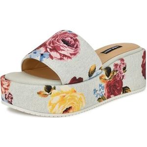 Nine West Dames Copen Wedge Sandaal, Lichtblauw Verspreide Rose Denim Multi 450, 5.5 UK, Lichtblauw Verspreid Rose Denim Multi 450, 38.5 EU