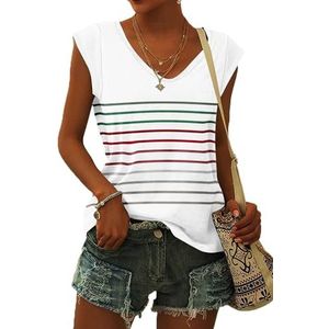 WNEEDU T-shirt dames zomer V-hals tanktop losse blouse bovenstuk zomer dames licht en luchtig met kapmouwen, 01-rood groen gestreept, L