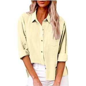 Shirts voor vrouwen plus size lange mouw button down oversized blouses met voorzak effen zomer kraag tops verkoop, mode dames tops UK, Geel, 3XL