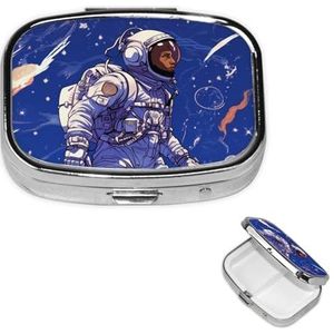 Pillendoosje met spiegel kleine pillenorganizer 2 compartimenten zwarte astronaut op blauwe reis pillendoos voor portemonnee of zak draagbare pillencontainer schattige medicijnorganizer