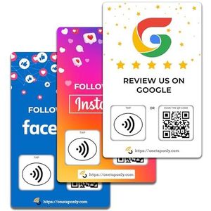Social NFC Tap Card | Beoordeel QR-code | Contactloze beoordeling | NFC Tap Card (3-pack sociale kaarten)