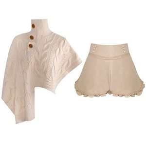 MLSHWUG Dames Onregelmatige Geribde Zoom Met Hoge Hals Kabelgebreide Trui Cape Kanten Zoom Shorts Set,Off white,M