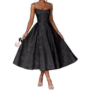 AHERKLL Spaghetti Bandjes Bruidsmeisjes Jurken Bloemen Satijn Jacquard Formele Avond Feest Maxi Jurk Thee Lengte HAH048, Zwart, 44