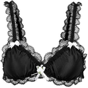 Satini Sissy Frilly Kant Getailleerd Satijn Bralette BH (Zwart, L)