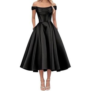 AHERKLL Thee Lengte Bruidsmeisjes Jurken voor Junioren Off Shoulder Satijn Avond Cocktail Party Maxi Jurk met Zak HAH050, Zwart, 32