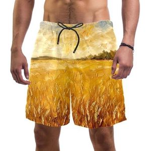 PAFEFO Nieuwigheid boardshorts voor heren, strandvakantie, feest, sneldrogende badpakken met kunst gouden velden ontwerpen, Kunst Gouden Velden, L