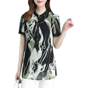Dvbfufv Vrouwen Vintage Casual Gedrukt Korte Mouw T-shirts Vrouwelijke Zomer Koreaanse Kantoor Ronde Hals Knop Midi Shirt, En8, S