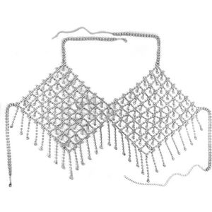 1 STUKS Mesh Bikini Body Ketting for Dames, Ingelegd met Strass, Feest Dagelijks(Silver)