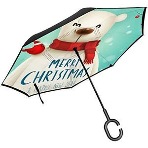 JOJOshop Kerst IJsbeer met rode sjaal C vorm handvat voor auto gebruik, winddicht en waterdicht omgekeerde vouwen lichtgewicht paraplu's