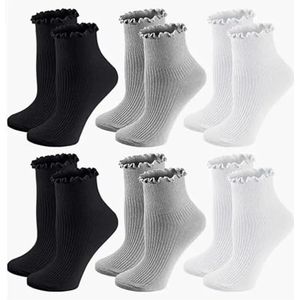 Damessokken - Gekamd Katoen - Casual Enkelsokken - 6 Stuks - Ademend - Ruches Afgewerkt