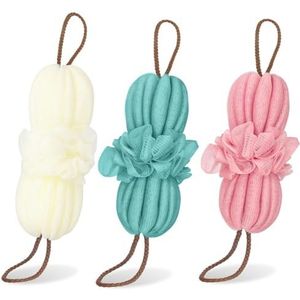 OneTreeTime 2 stuks baddouche loofah-spons, lange rekbare rugspons exfoliërende rugscrubber voor douche voor vrouwen en mannen (marine+roze+witter)