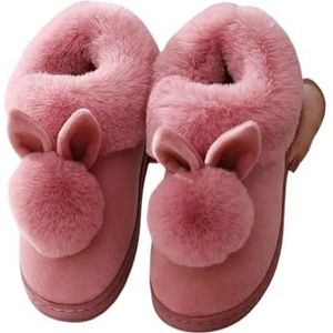 BOQUN Pantoffels voor dames, herfst, winter, pluche pantoffels voor dames en heren, konijnenoor voor binnen, harige pantoffels, antislip, dikke zool, paar warme schoenen, Lichtroze stijl B,