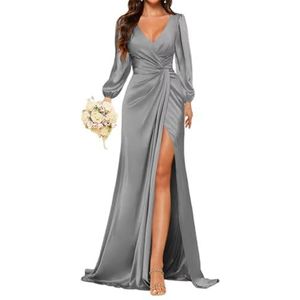 HPPEE Satijnen baljurk voor dames, V-hals, met split, geplooide lange mouwen, bruidsmeisjesjurk, korset, formele feestjurk, Grijs, 32